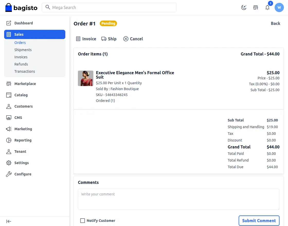 Tenant order with per product shipping