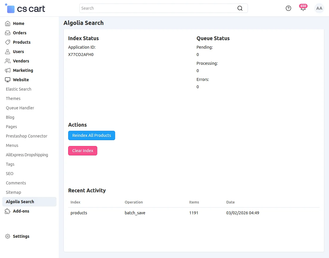 Algolia search section