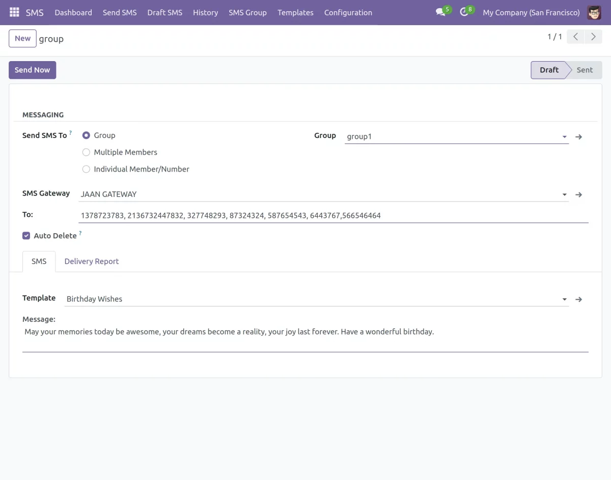 create and send sms to groups and members