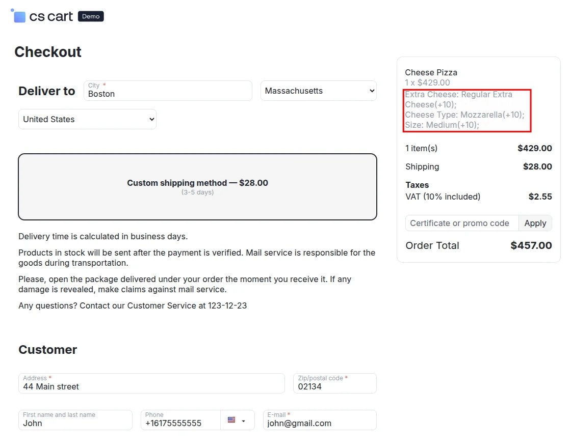 CS-Cart multi options at the checkout page