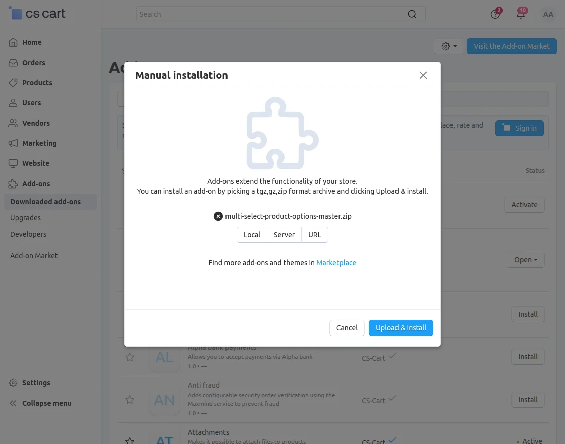 CS-Cart Multi Select Product Options addon install