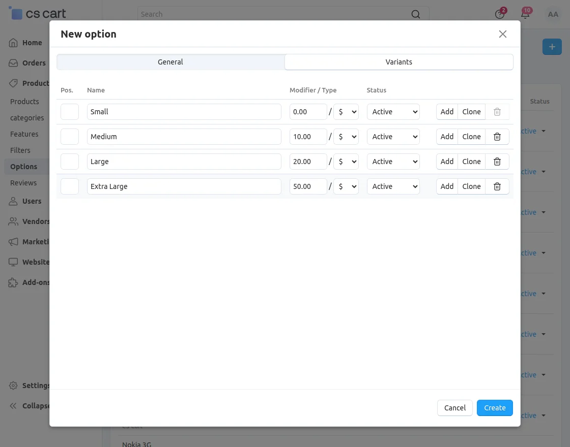 CS-Cart multi option variants