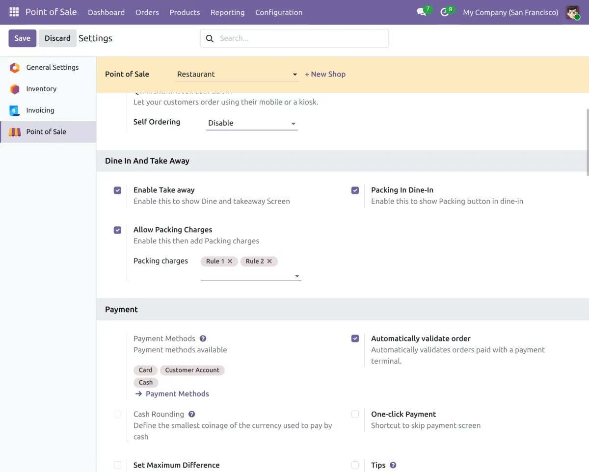 dine in take away configurations 