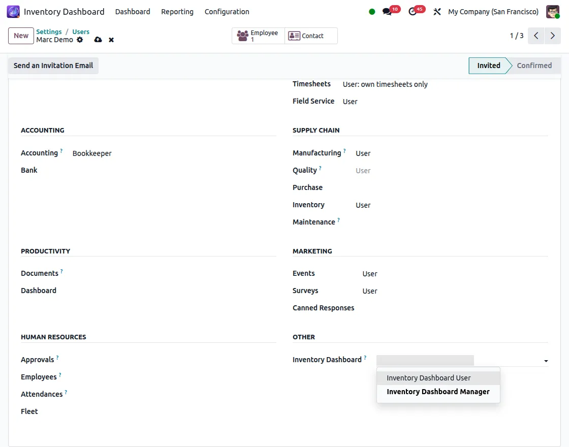 Inventory Dashboard Setting