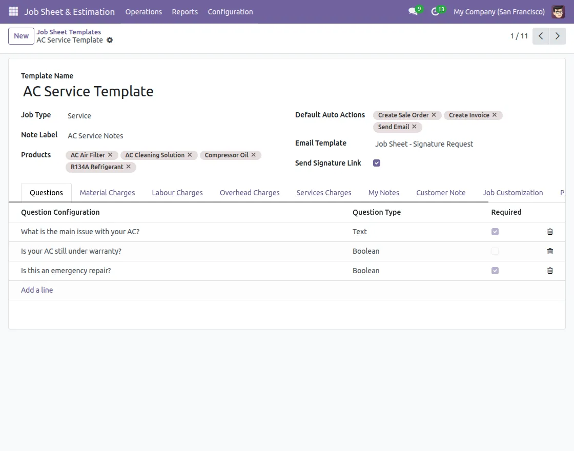 Job sheet template setup