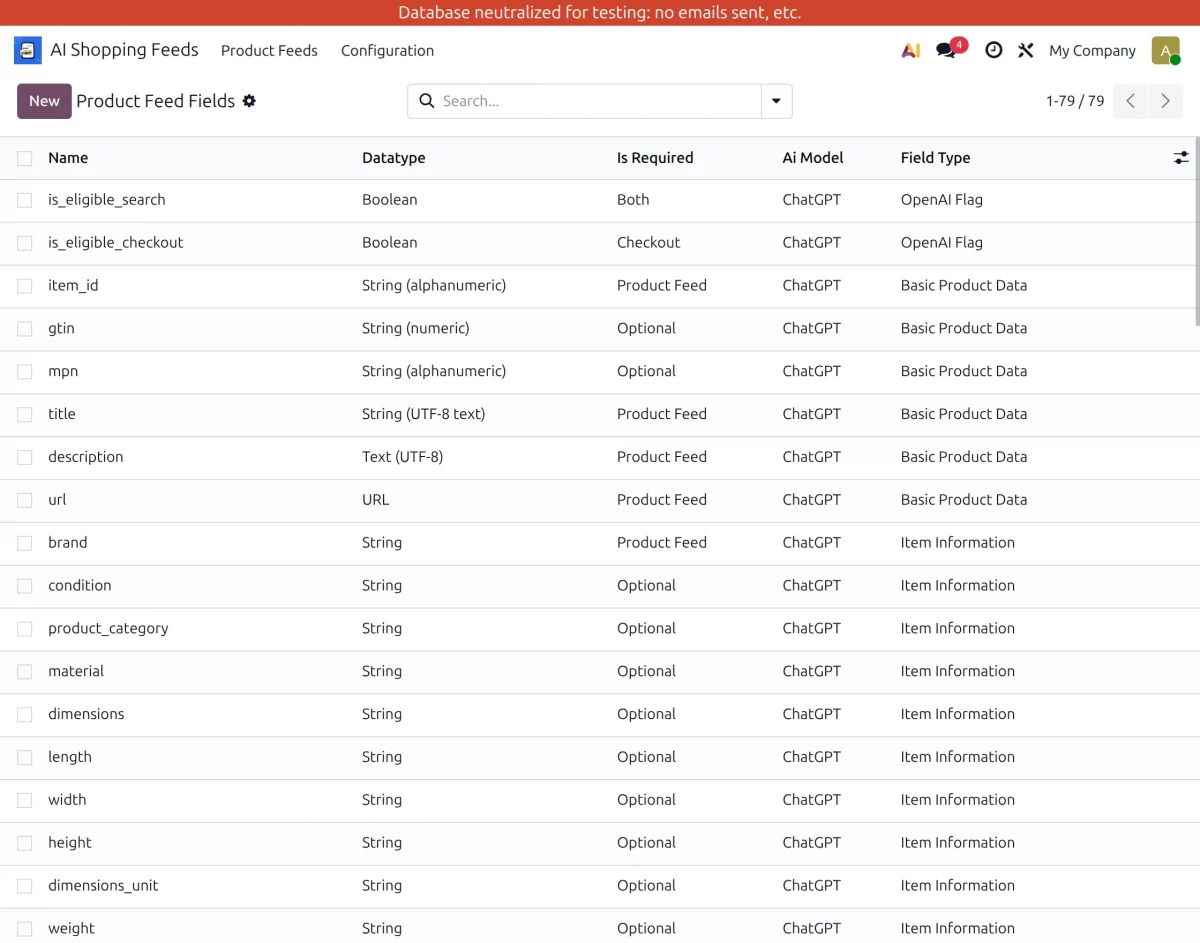 list of product feed fields