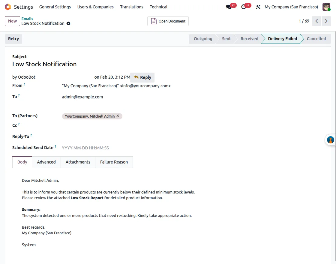 Email with Low Stock Report Attachment