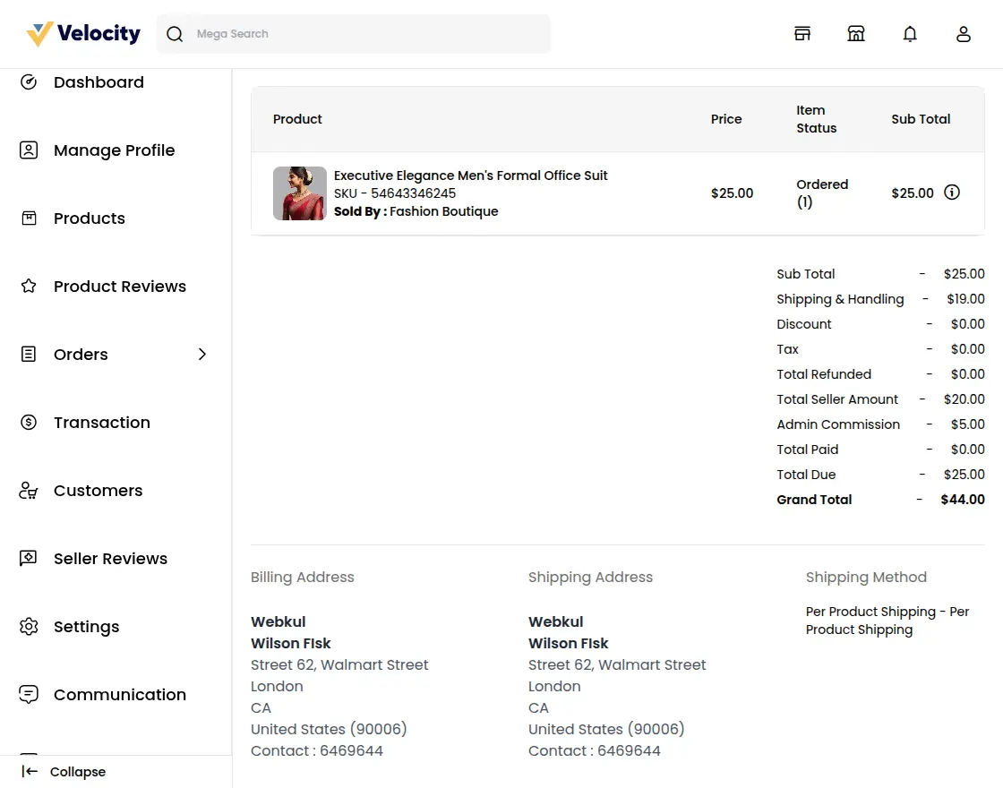 Seller order details with per product shipping