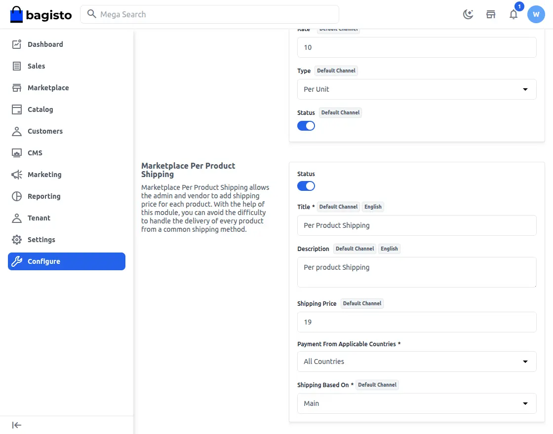 laravel saas marketplace per product shipping admin settings tenant configurations shipping method
