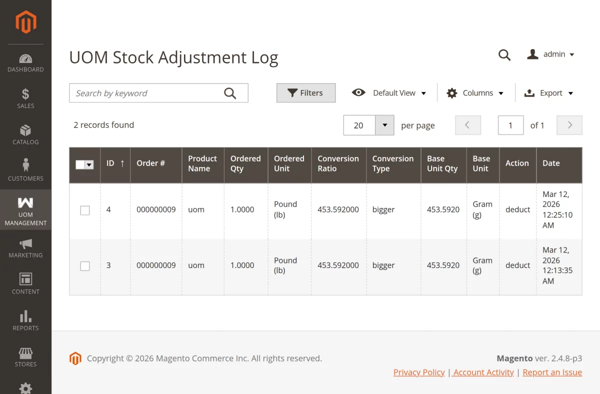 UOM stock adjust mentlogs