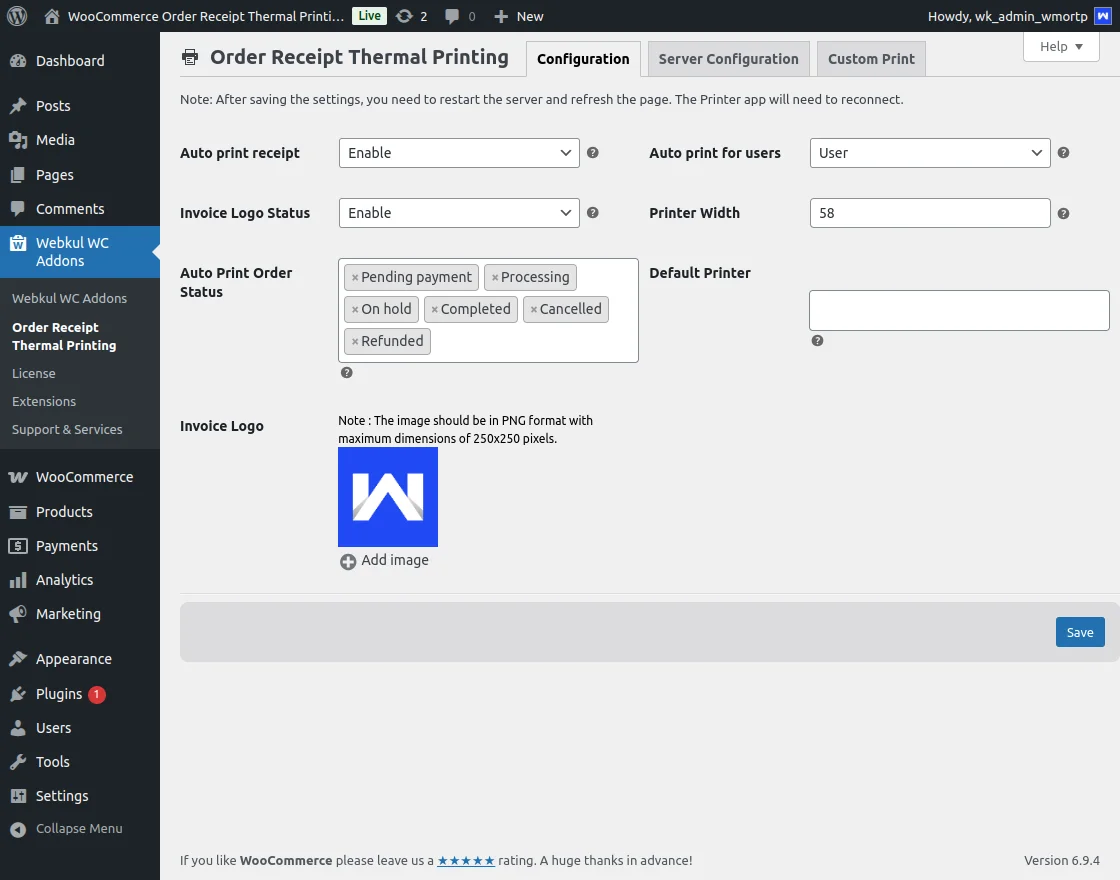 webkul woocommerce order receipt thermal printing