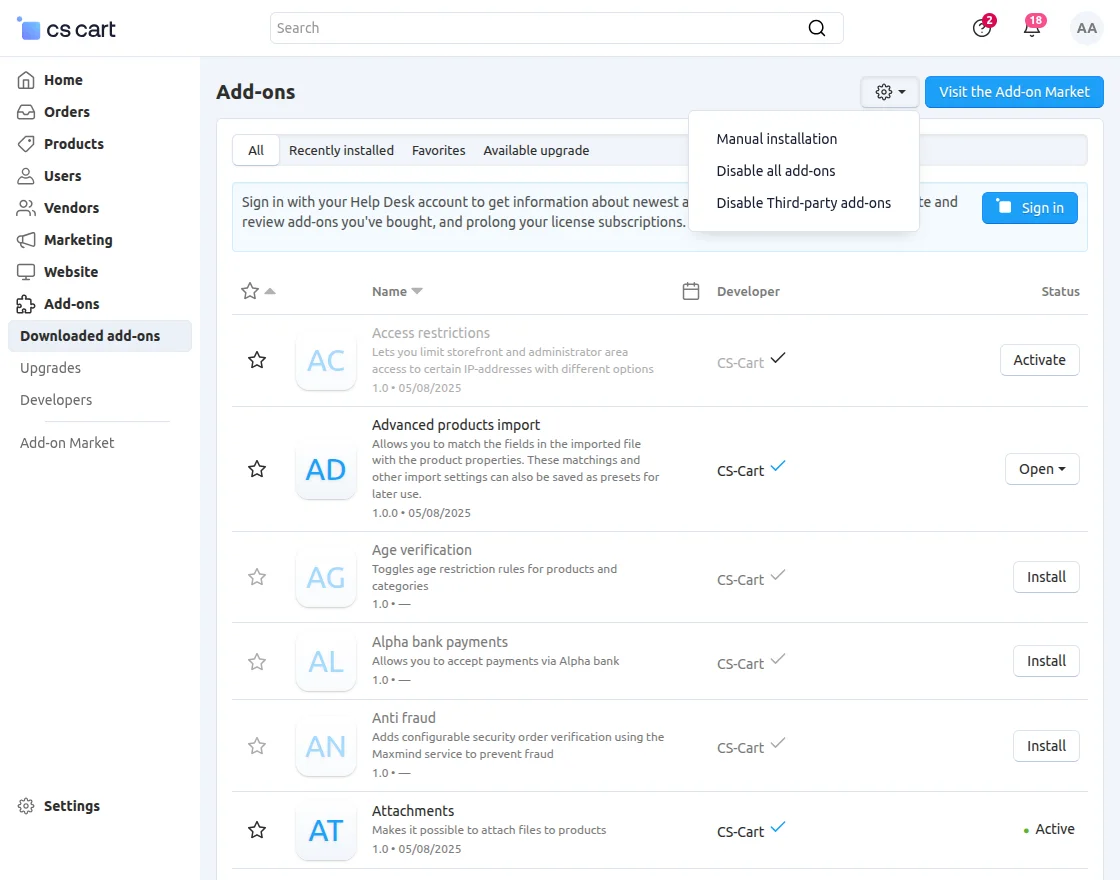 CS-Cart manual installation of the addon