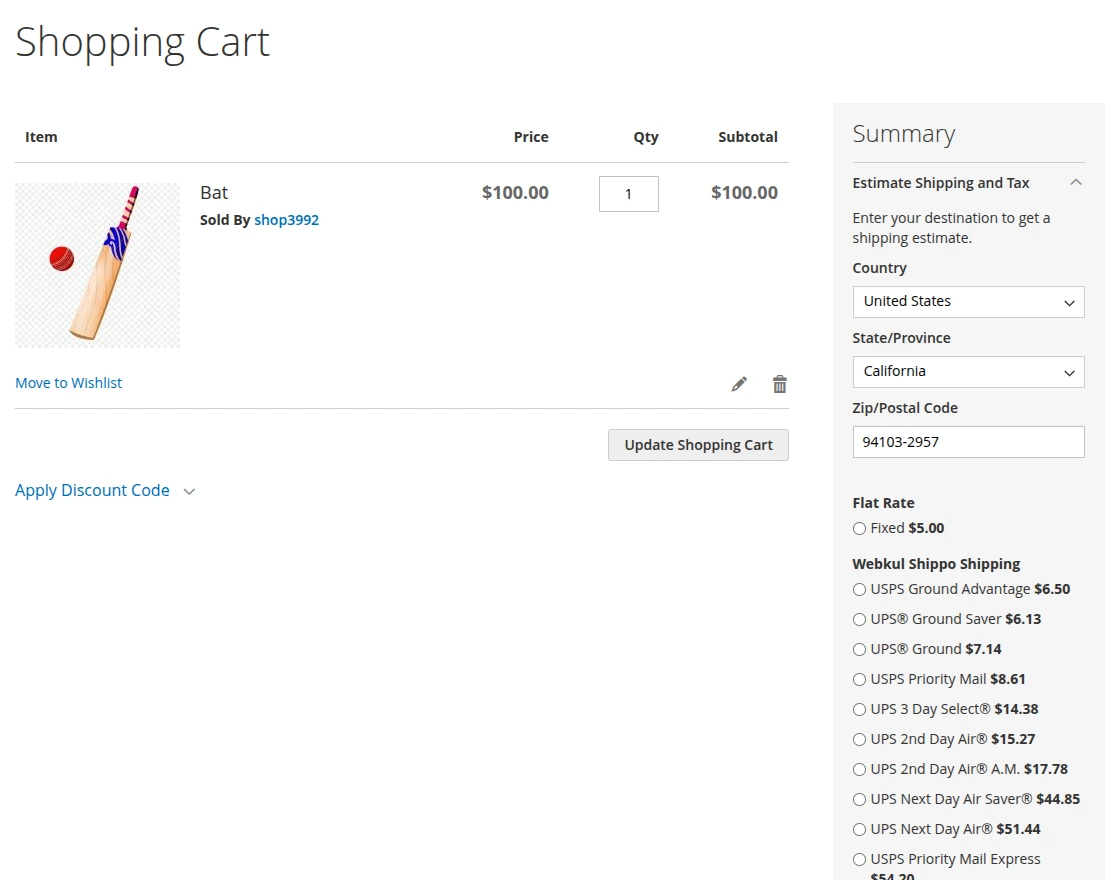 shopping cart page