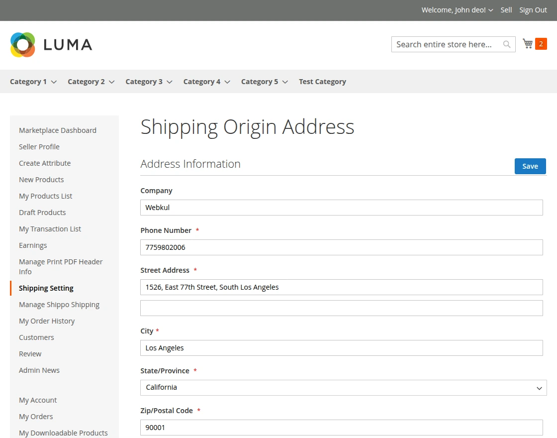shipping origin address