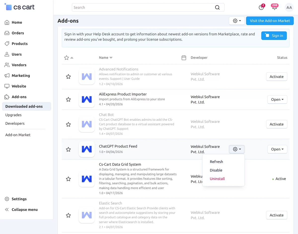 addon list in cscart