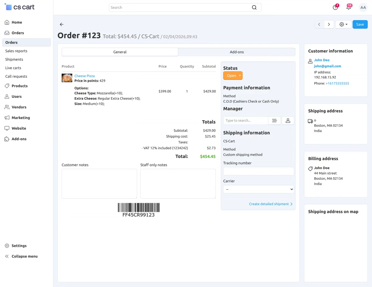 CS-Cart admin order view