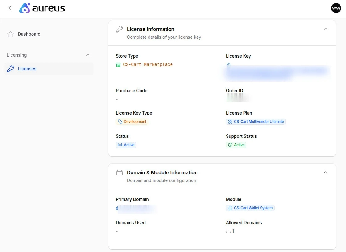 CS-Cart license details