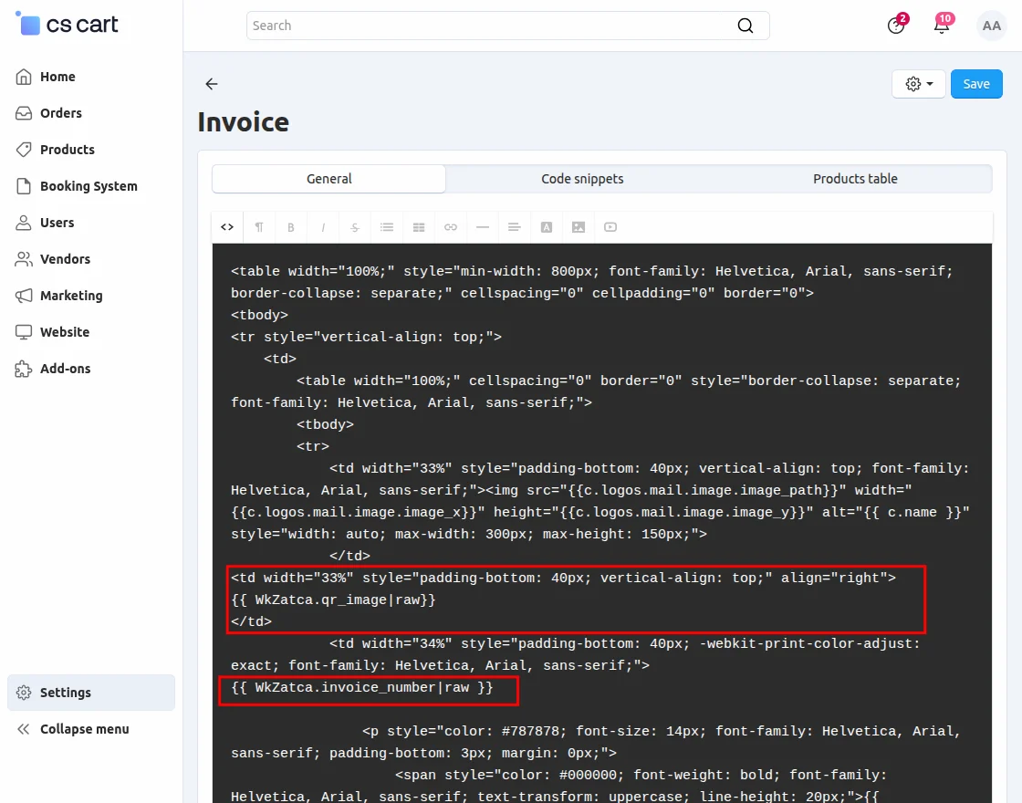 CS-Cart invoice changes