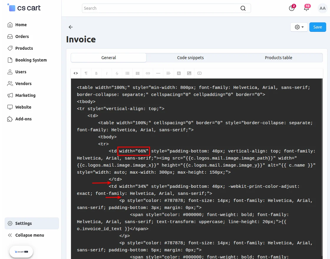 CS-Cart invoice changes