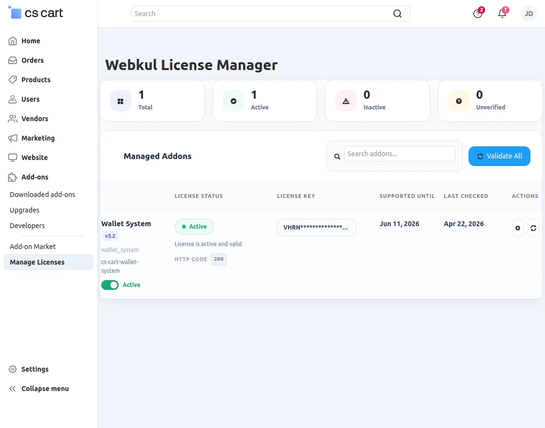 CS-Cart Webkul License Manager active
