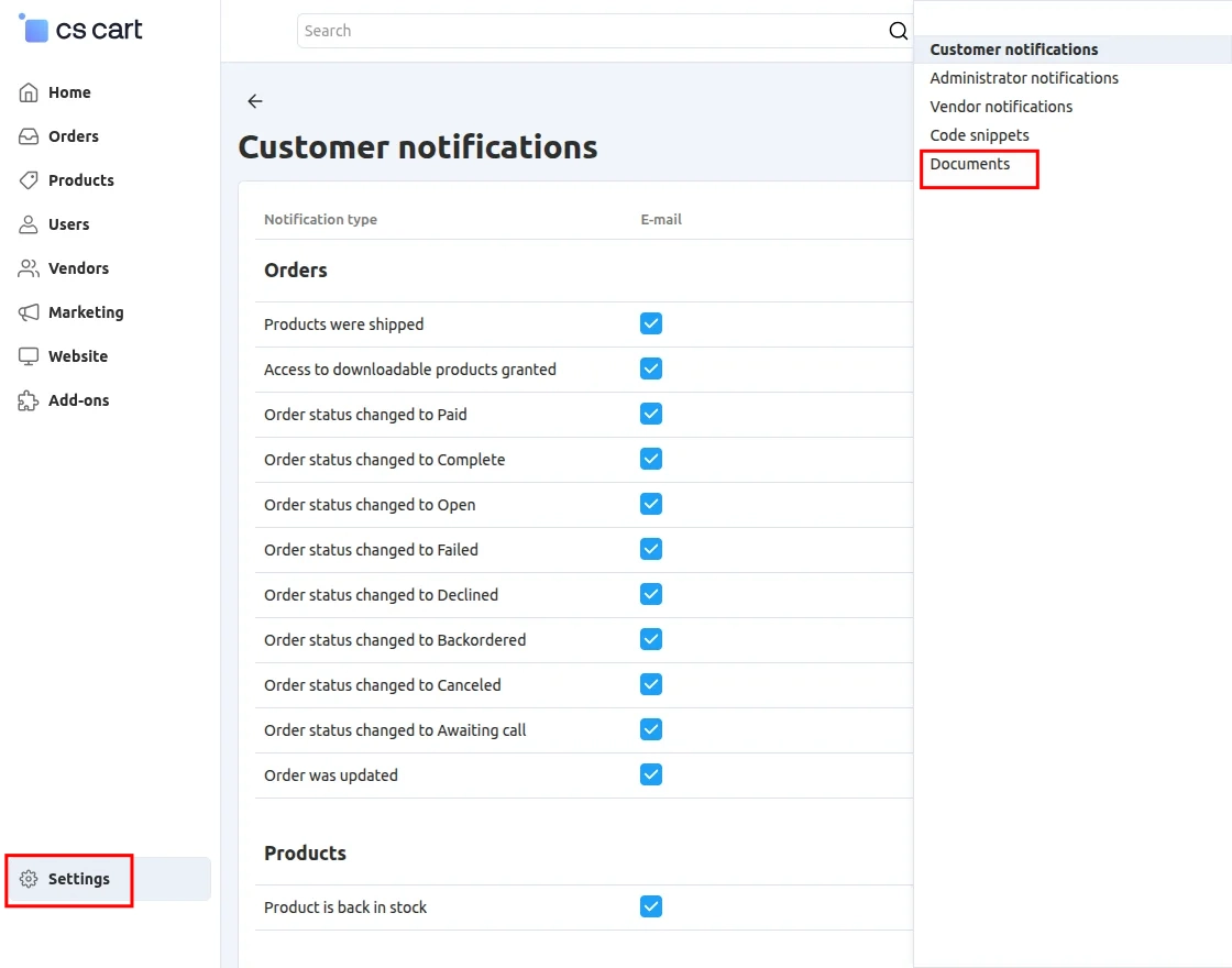 CS-Cart notification