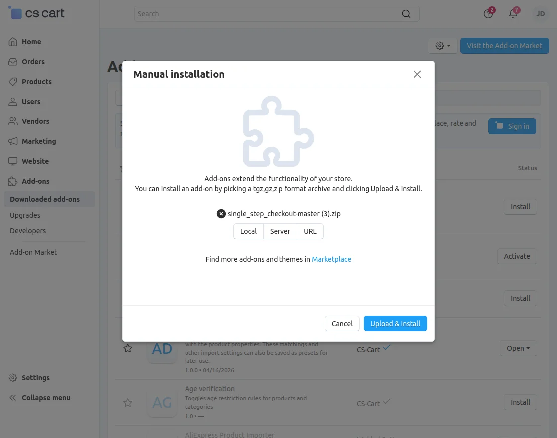 CS-Cart Single Step Checkout addon install
