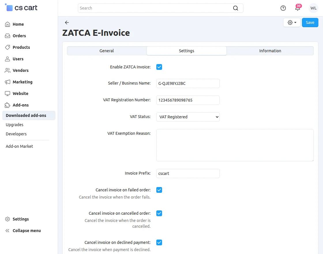 CS-Cart Zatca E-Invoice configuration