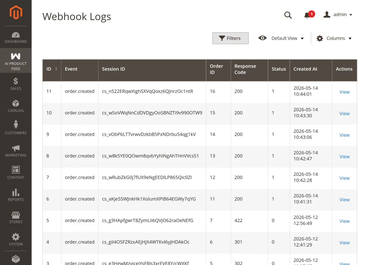 Magento 2 AI feed extension webhook logs