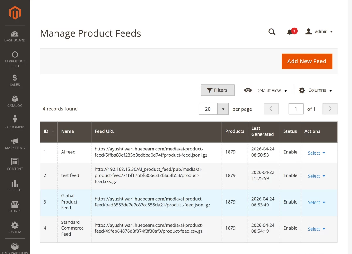 Magento 2 AI feed extension manage product feed