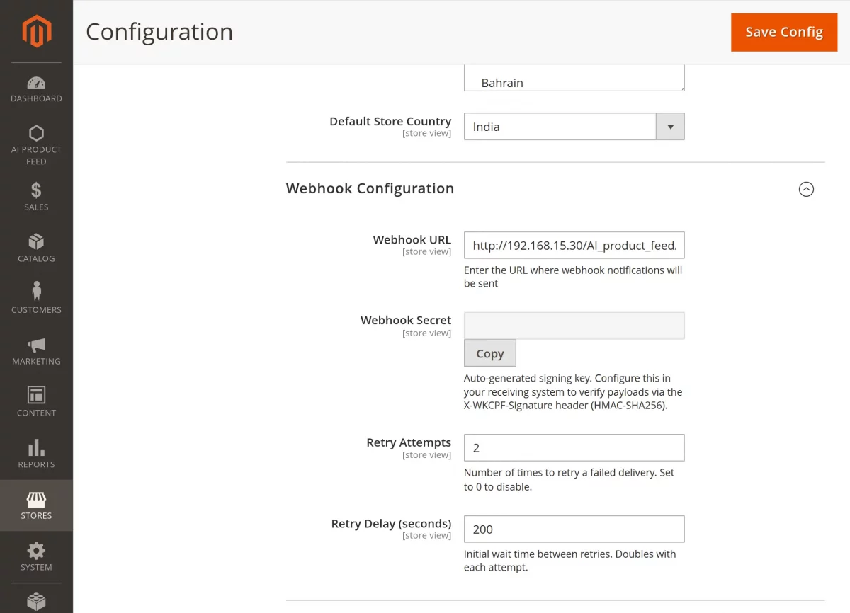 Magento 2 AI feed extension Webhook configuration 