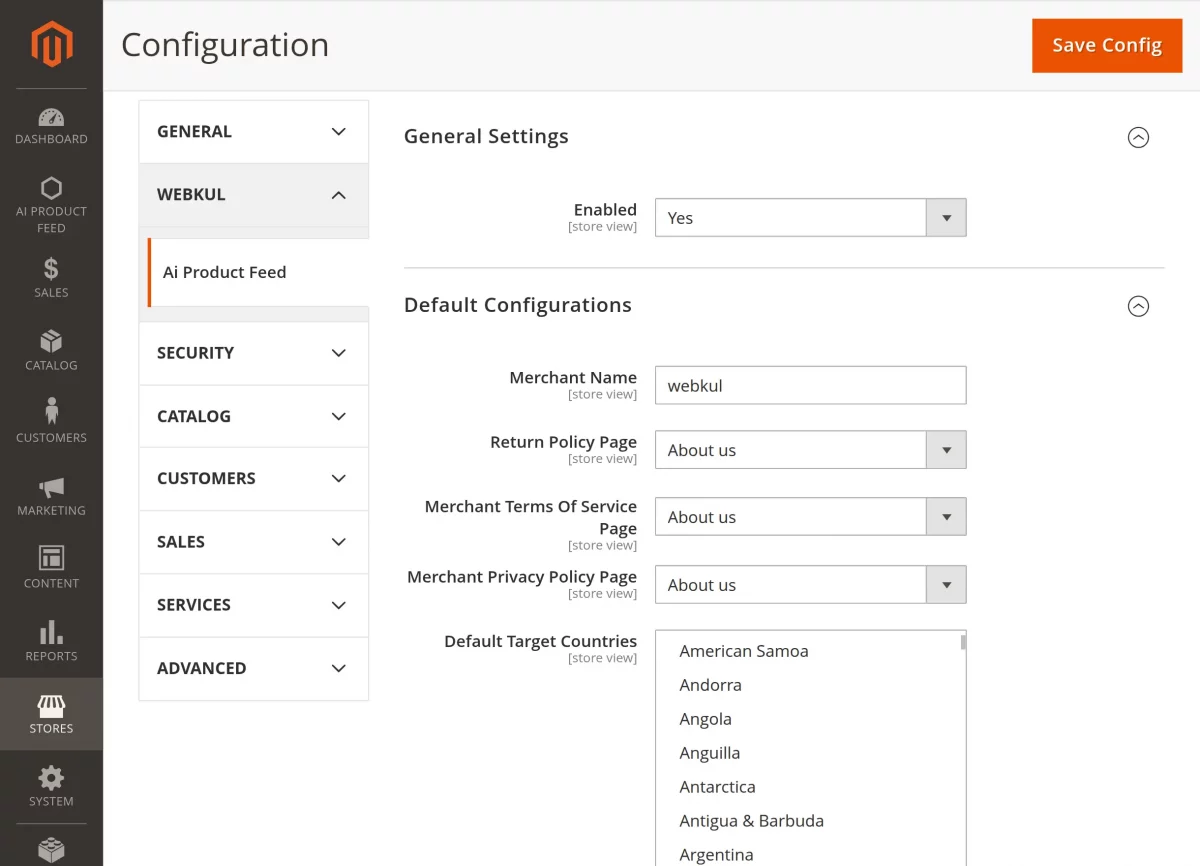 Magento 2 AI Product Feed module configuration 