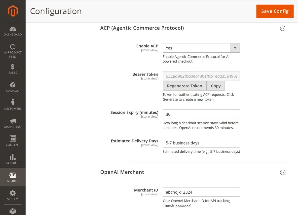 Magento 2 AI feed extension ACP configuration