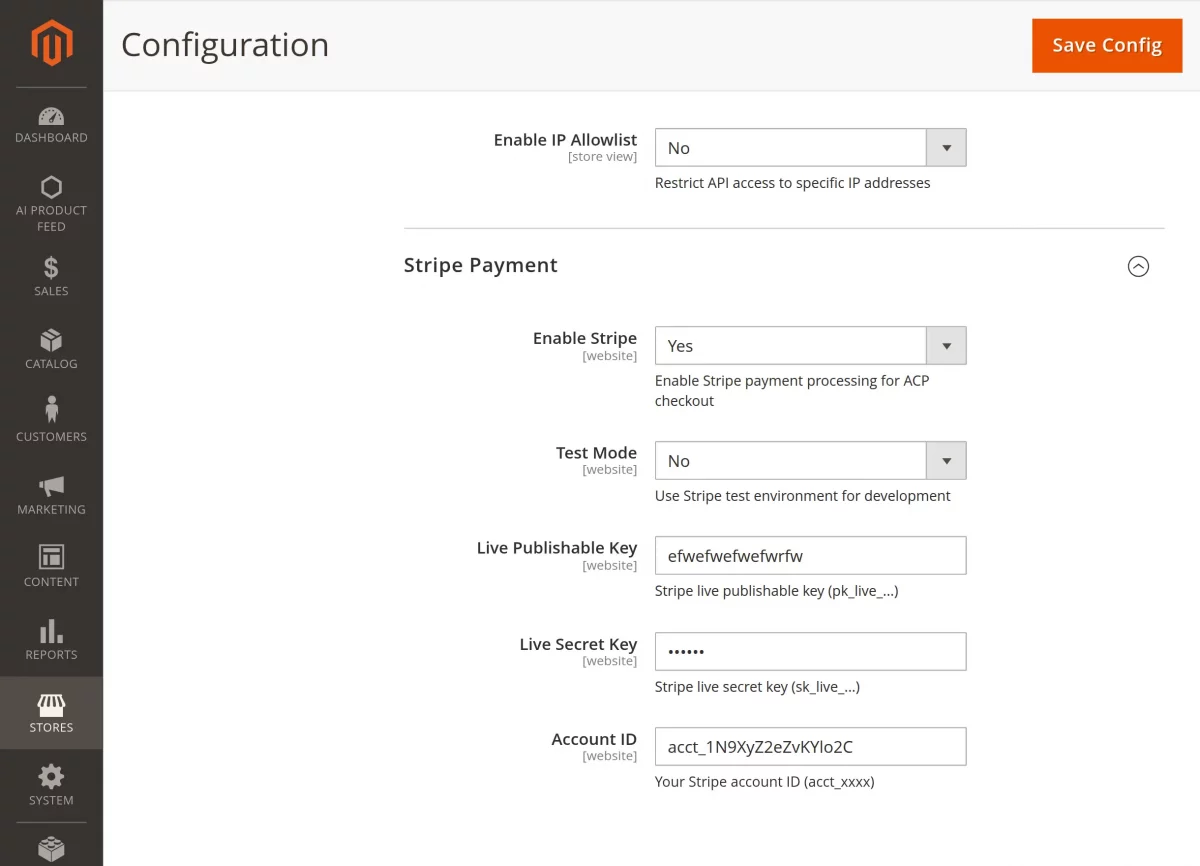 Magento 2 AI feed extension stripe configuration