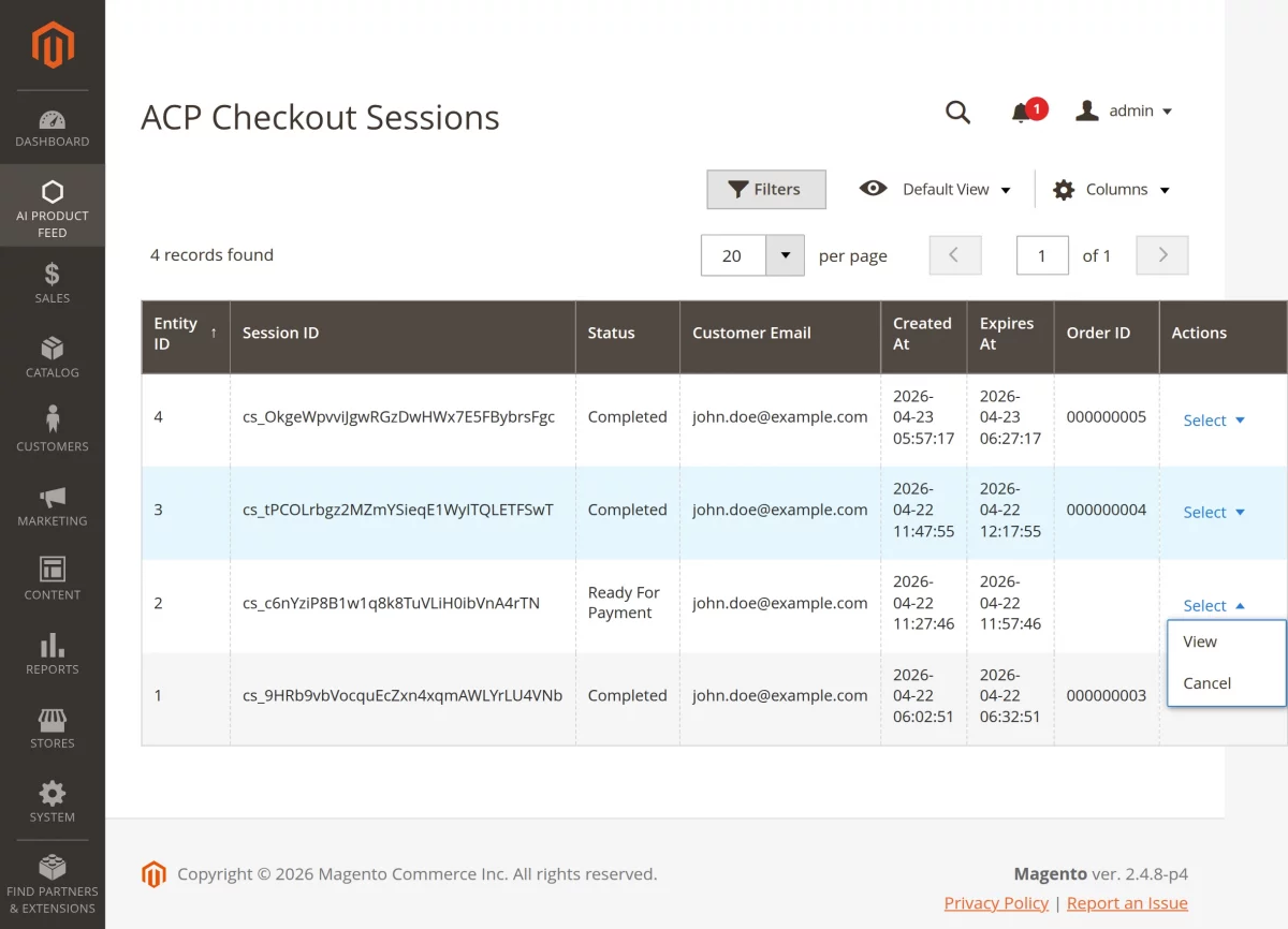 Magento 2 AI feed extension ACP session