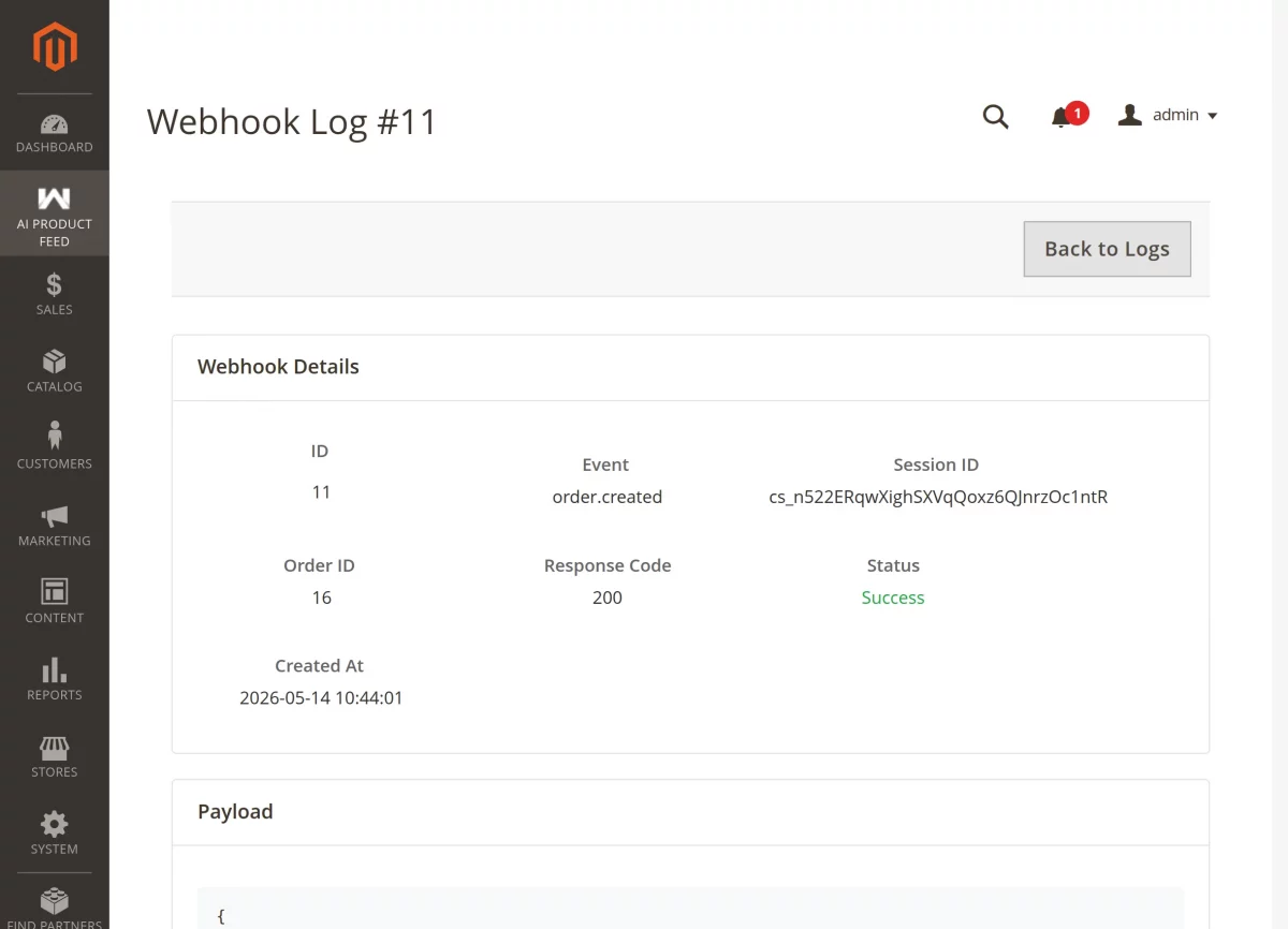 Magento 2 AI feed extension view log