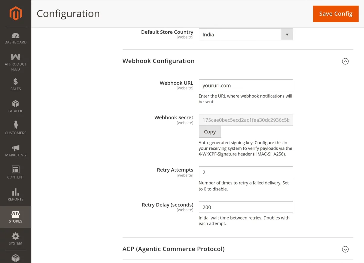 Magento 2 AI feed extension Webhook configuration