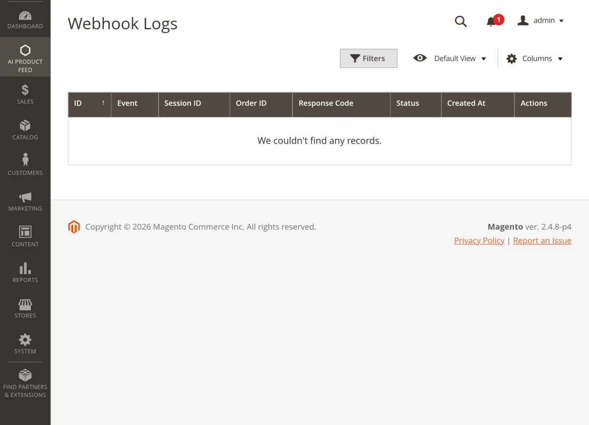 Magento 2 AI feed extension webhook logs