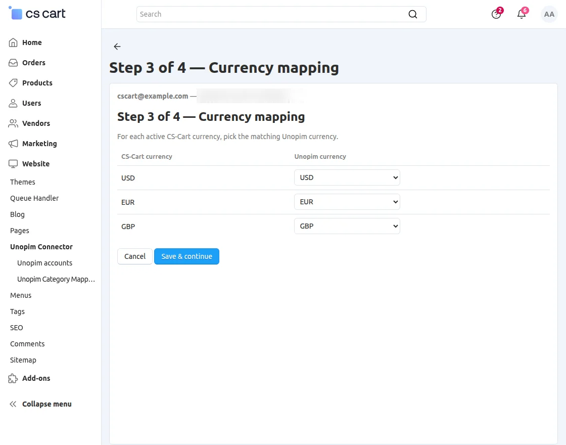 CS-Cart UnoPim Currency Mapping