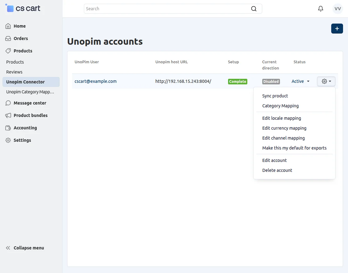 CS-Cart UnoPim Connector Settings