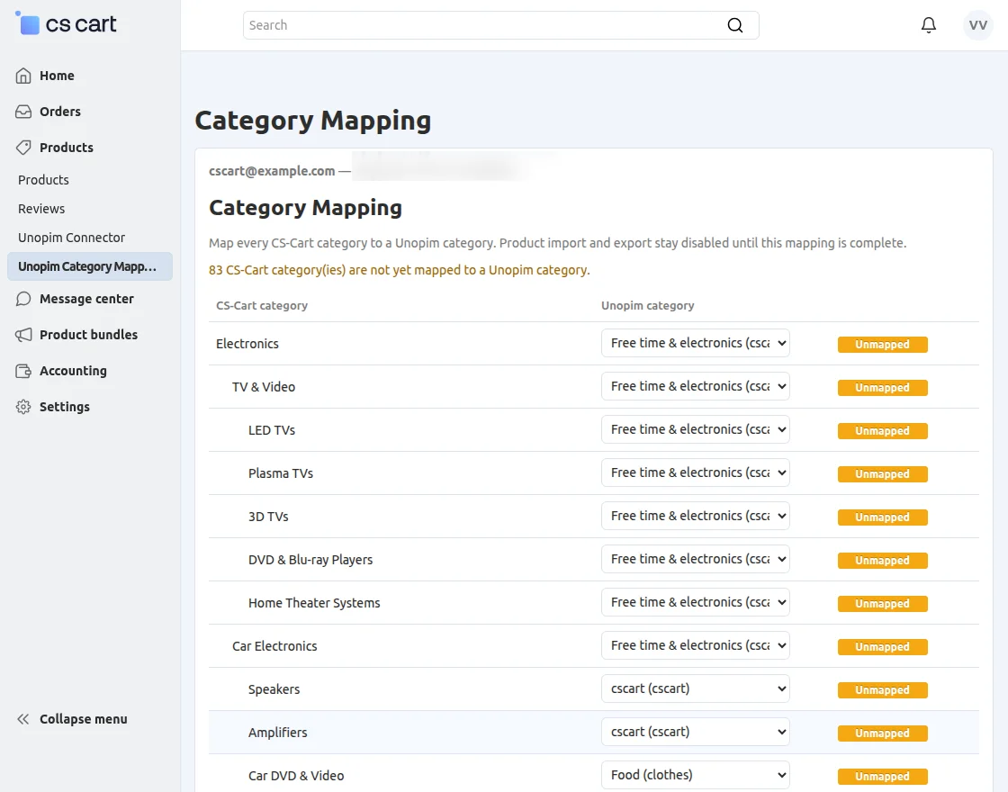 CS-Cart UnoPim Connector Category Mapping