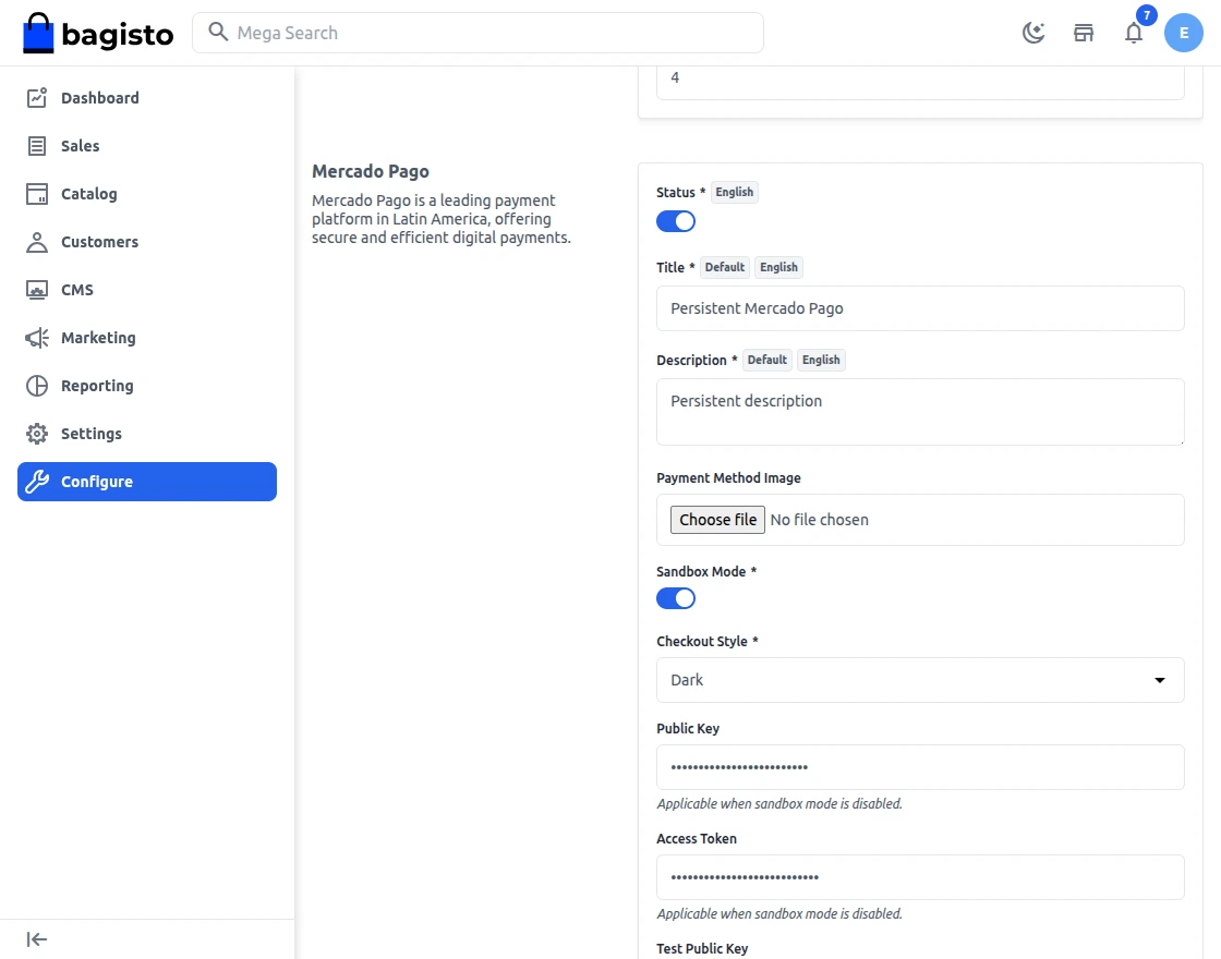 configuration-Bagisto Mercado Pago Payment Gateway