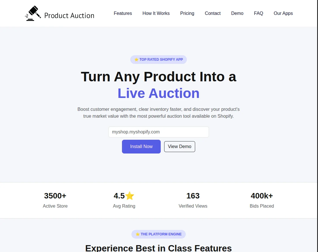 Product Auction landing page