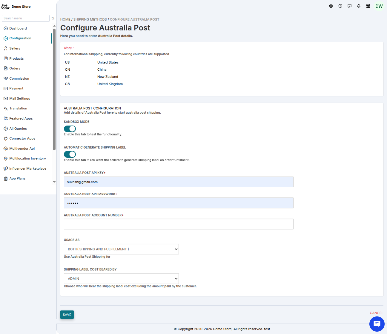 Configure australia post Multivendor Australia Post