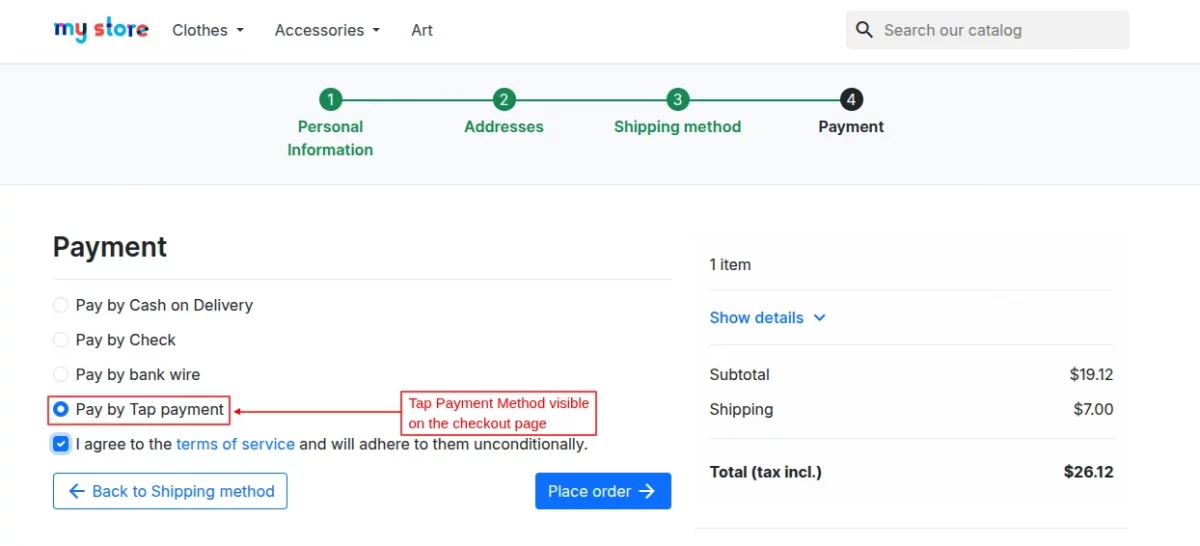 Tap Payment Method visible on the Checkout page
