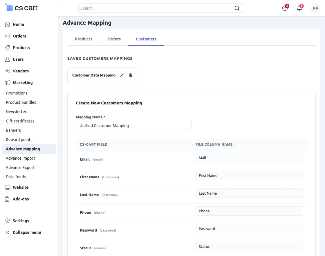 CS-Cart Customer MappingIf you select **SFTP** as the import source, enter the **SFTP Host**, **Username**, **Password**, and **Remote File Path** details to connect and import the data.