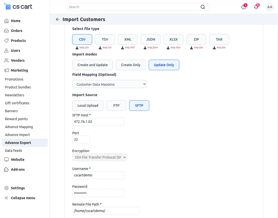 CS-Cart import customers
