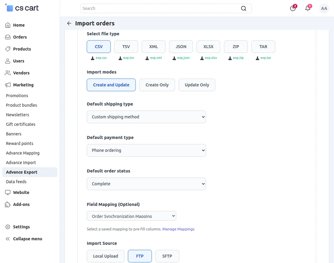 CS-Cart advanced import orders