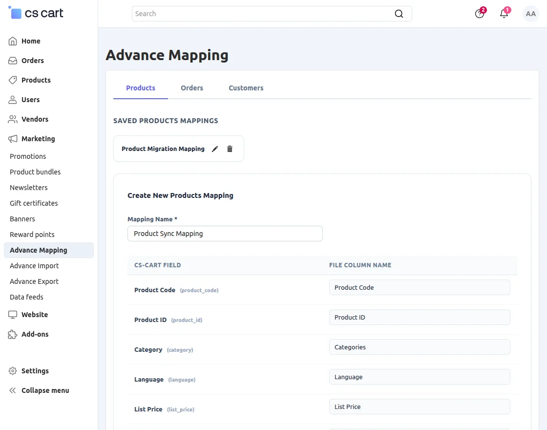 CS-Cart Advance Product Mapping