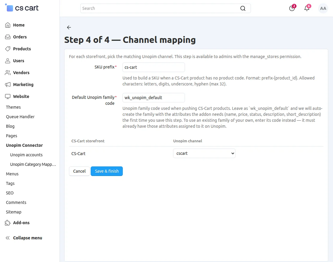 CS-Cart UnoPim Connector Channel Mapping