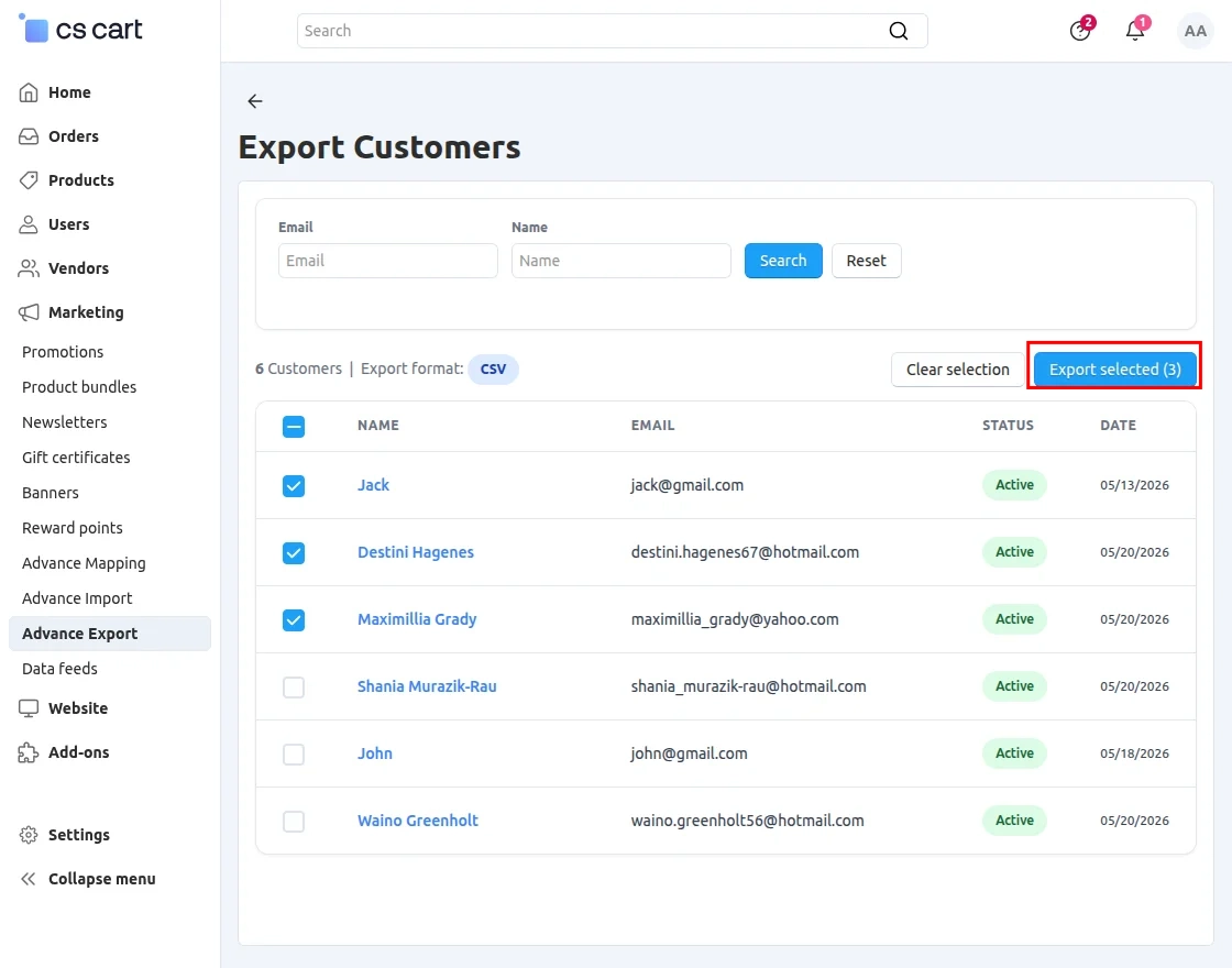CS-Cart Export Customers